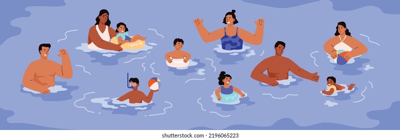 Sea water or swimming pool background with adults and children having summer fun. Swimming pool, beach or aqua park with people characters, flat vector illustration