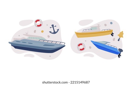 Sea water transport set. Motorboat and powerboat cartoon vector illustration