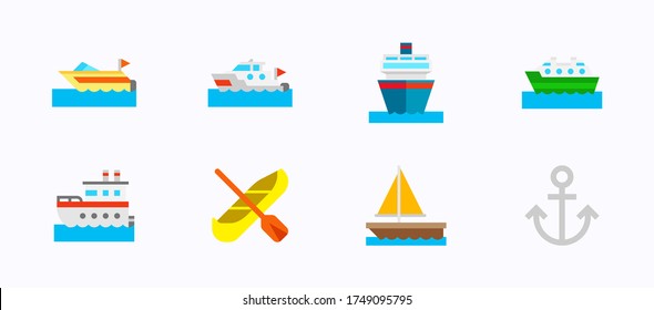 Iconos de vectores de transporte de agua, mar. Barco de vela aislado, lancha de motor, barco de motor, cargamento, barco de pasajeros, crucero, barco de ferry, canoa, kayak, anchor colección de símbolos de color plano