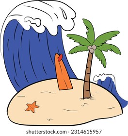 Sea Water Wave With Iland Surfboard Palm Tree Landscape Summer Vacation