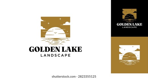 Sea Water Wave at night with Moon or Lake Ripple at Sunset with stars and birds silhouettes for nature ocean scenic logo design