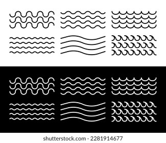 Sea water waves. Collection of linear waves of different style and size. Vector illustration.