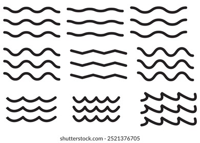 Sea water waves. Collection of linear waves of different style and size. Vector illustration.