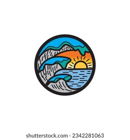sea water waves nature sun circle logo design illustration vector design