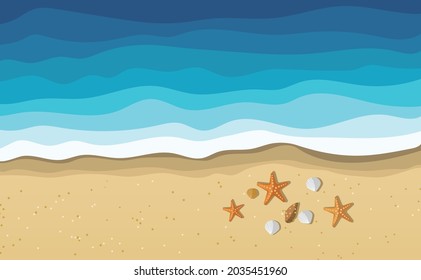 Sea water waves on beach with seashells and starfish