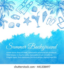 Sea watercolor background. Summer vacation. Hand drawn vector illustration.