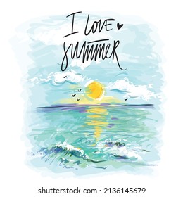 Sea watercolor illustration. I love summer sketch for greeting card background design.