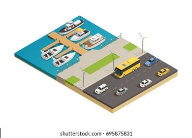 Seeschiffe Wasserfahrzeuge, die Kai- und Autobahnen befördern, isometrische Zusammensetzung mit Schiff und Motorboote, Vektorgrafik