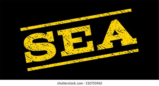 Sea watermark stamp. Text caption between parallel lines with grunge design style. Rubber seal stamp with unclean texture. Vector yellow color ink imprint on a blue background.