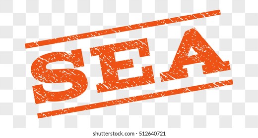 Sea watermark stamp. Text tag between parallel lines with grunge design style. Rubber seal stamp with dust texture. Vector orange color ink imprint on a chess transparent background.