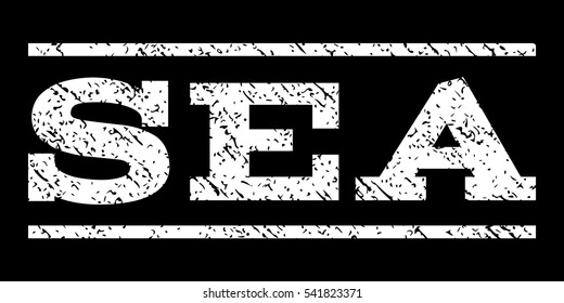 Sea watermark stamp. Text tag between horizontal parallel lines with grunge design style. Rubber seal stamp with dust texture. Vector white color ink imprint on a black background.