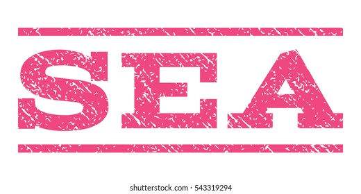 Sea watermark stamp. Text tag between horizontal parallel lines with grunge design style. Rubber seal stamp with dust texture. Vector pink color ink imprint on a white background.