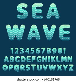 Sea wave alphabet in marine style with full set of letters and numbers. Vector custom lettering illustration