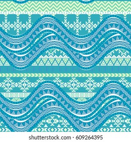 Sea wave background. Ethnic seamless pattern ornament, abstract blue and white geometric shapes. Tribal motives. Vector illustration.