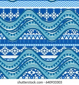 Sea wave background. Ethnic seamless pattern ornament, abstract blue and white geometric shapes. Tribal motives. Vector illustration.