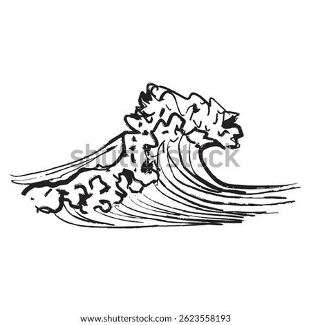 Sea wave in in black brush stroke texture isolated on white. Hand drawn vector sketch illustration in vintage charcoal ink. Ocean storm concept, print design, summer vacation, trip element