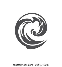 Sea wave black glyph. Ocean water wave hand drawn design element. Sketch marine symbol, surfing decoration. Curly wave or spiral, foam on crest, splash and drop vector illustration