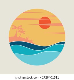 Sea wave in blue color with coconut palm tree, sun and beach, circular symbol