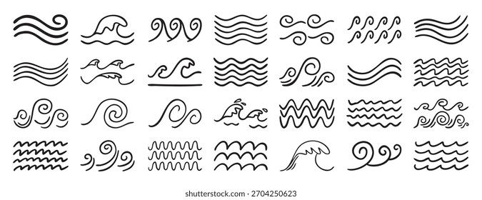 Sea wave blue icon set in doodle style, vector illustration of ocean water flow Vector illustration