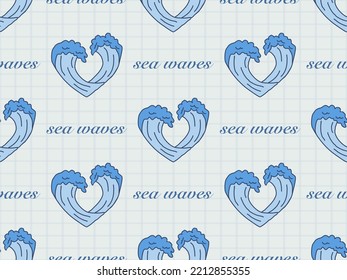 Sea wave cartoon character seamless pattern on blue background