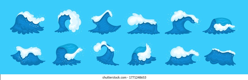 Sea wave cartoon set. Blue water ocean waves, marine surf wave, ripples tides sea storm, tidal different shapes, splash water motion with spray isolated vector cartoon illustration