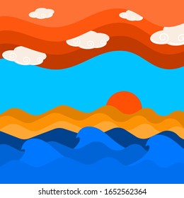 Sea wave and cloud on sky with sunset background, sky and sea scape texture vector illustration and copy space.