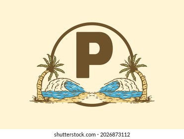 Sea wave and coconut tree line art drawing with P initial letter design