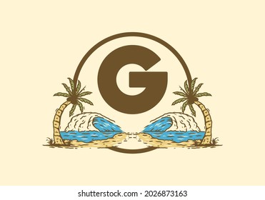 Sea wave and coconut tree line art drawing with G initial letter design
