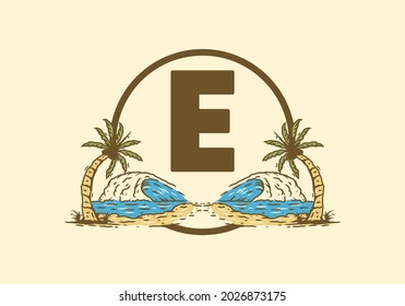 Dibujo de líneas de árboles de olas de mar y coco con diseño de letras iniciales E