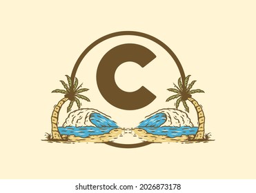 Sea wave and coconut tree line art drawing with C initial letter design