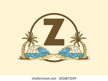 Sea wave and coconut tree line art drawing with Z initial letter design