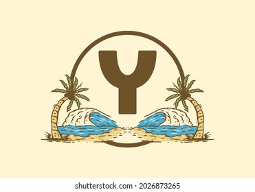 Sea wave and coconut tree line art drawing with Y initial letter design