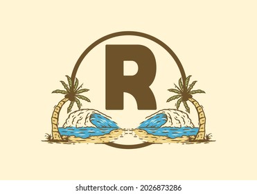 Sea wave and coconut tree line art drawing with R initial letter design
