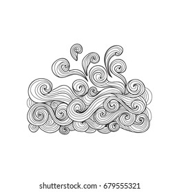 Sea wave coloring book for adults vector illustration. Anti-stress coloring for adult water, river, stream, sea, ocean, sea foam. Zentangle style nature . Black and white lines