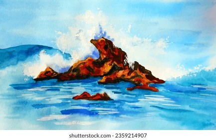 Sea wave crashed on rock stome cliff watercolor style vector illustration. White water foam. Wave breeze. Stormy ocean coastal rocks.