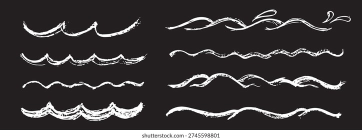Sea wave crayon icon. Hand drawn water flow, chalk doodle surf symbol, sketch ocean ripple, wavy splash vector illustration