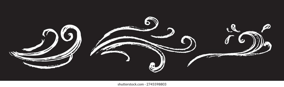 Sea wave crayon icon. Hand drawn water flow, chalk doodle surf symbol, sketch ocean ripple, wavy splash vector illustration