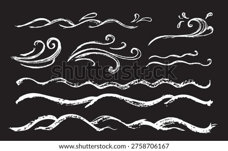 Sea wave crayon icon. Hand drawn water flow, chalk doodle surf symbol, sketch ocean ripple, wavy splash vector illustration