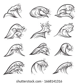 Sea wave crests set. Collection of ocean surf, tide, water splashes. Bundle of natural marine design elements drawn with black contour lines on white background. Linear monochrome vector illustration.