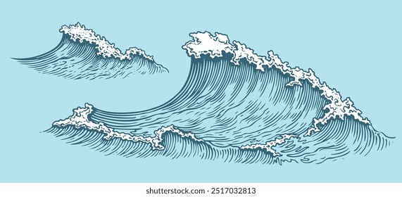 A onda do mar. Ilustração desenhada à mão editável. Gravura vetor vintage. Isolado no plano de fundo colorido. 8 EPS