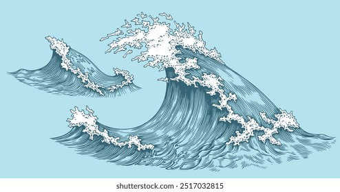 The sea wave. Editable hand drawn illustration. Vector vintage engraving. Isolated on color background. 8 EPS