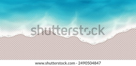 Sea wave with foam rolling on coast realistic vector illustration. Ocean lagoon top view. Exotic beach surf line 3d object on transparent background