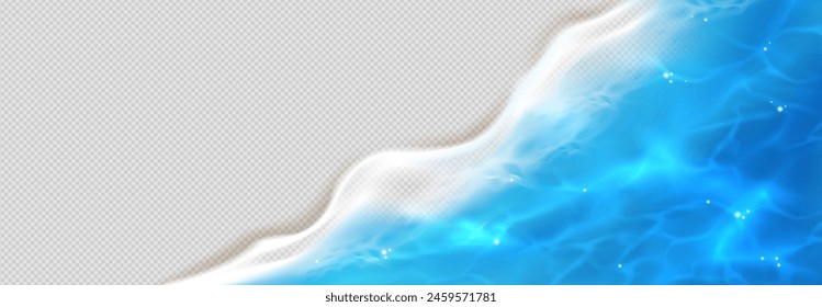 Sea wave with foam texture for 3d beach vector. Realistic aerial tropical shore with caustic effect. Blue swim surface frame banner template. Abstract aquatic travel border on transparent background