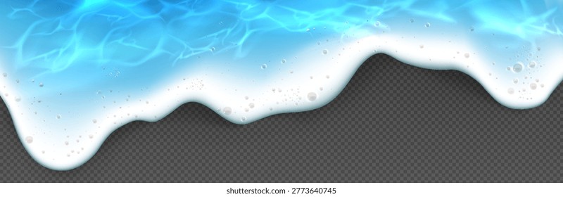 Sea wave foam from top view - realistic summer beach shore border with ocean water isolated on transparent background. Blue surface ripples, white bubbles and sandy coastal edge for seasonal designs.