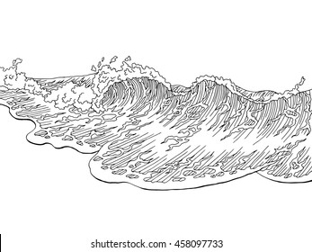 Sea wave graphic art surf black white landscape sketch illustration vector