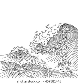 Sea wave graphic art surf black white landscape sketch illustration vector