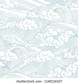 Sea wave graphic surf blue color seamless pattern background sketch illustration vector