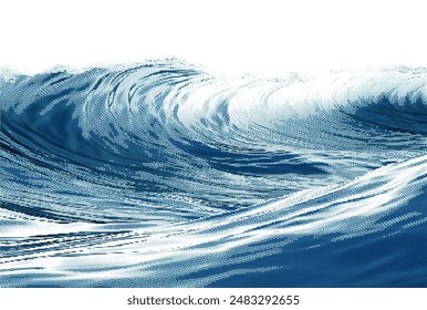 Sea Wave Halftone Texture Dotwork abstract background, black grain textured. Blue Stipple effect, gradient backdrop from dots. Vector illustration.