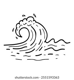 Sea wave hand drawn doodle. Storm in the ocean. Water splash. Surfing. Tsunami. Waves with foam. High or low tide time. Vector line art illustration.