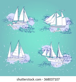 Sea and Wave. Hand drawn elements for summer holidays with ships.Travel, marin, ocean and beach. Vector Illustration